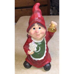 Vintage Christmas Resin Garden Lady Gnome Snowflake Bell 9.5" Red Green